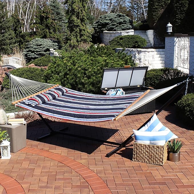 Sunnydaze Quilted Double Hammock with Stand for Outside - 350-Pound Capacity 2-Person Hammock with Stand - 12-Foot Stand - Nautical Stripe