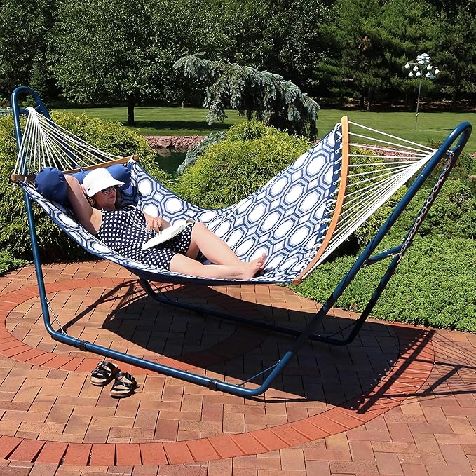 Sunnydaze Curved Spreader Bar Quilted Hammock with Blue Universal Steel Stand - 450-Pound Capacity - Gray and Blue Octagon