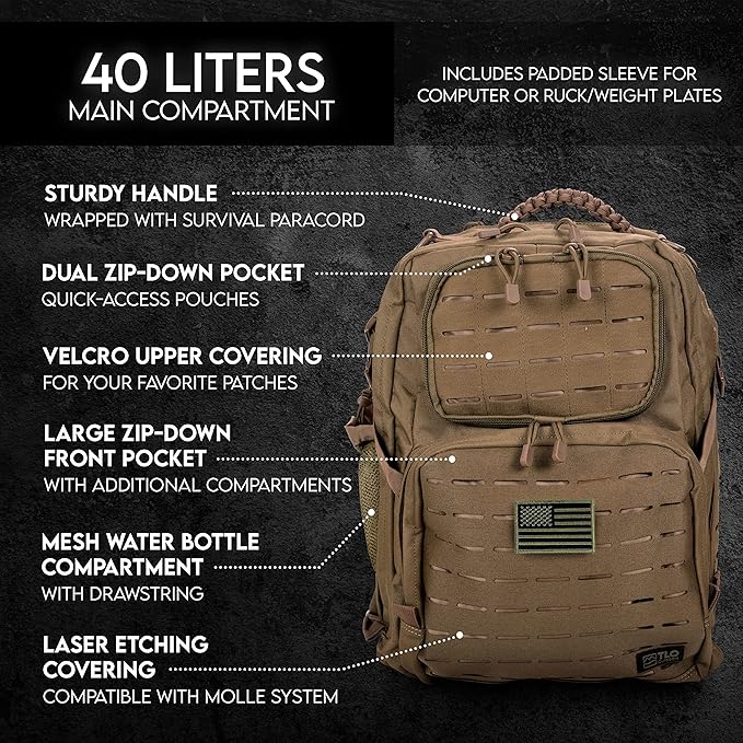 TLO Outdoors TacPack40L Tactical Backpack - Water Resistant 40 Liter Capacity Daypack Rucksack Gear Bag Laptop Bag
