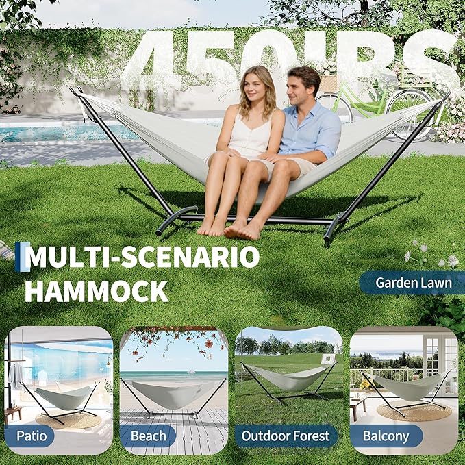 Double Hammocks with Stand for Outside Portable Space Saving Heavy-Duty Steel Stand for Indoor Outdoor Patio with Carrying Bag 450 lbs Capacity