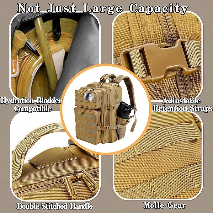 Tactical Military Backpack for Men &amp Women - Small Molle Assault Rucksack with Bottle Holder for EDC Hiking &amp Camping (Khaki-A)