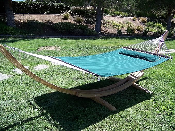 14 Ft. Wooden Arc Hammock Stand + Deluxe Quilted Double Padded Hammock Bed w/Pillow. 2 Person Bed. 450 LB Capacity(Natural Stain/Elegant Hunter Green)