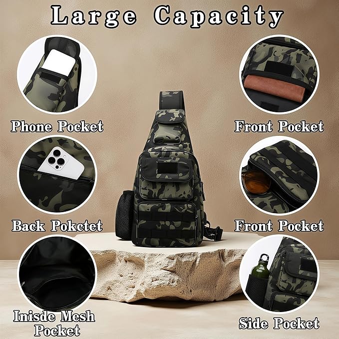 1000D Molle Tactical Shoulder Bag for Men - Military Chest Pack Outdoor Daypack for EDC Hiking &amp Daily Carry (Black)