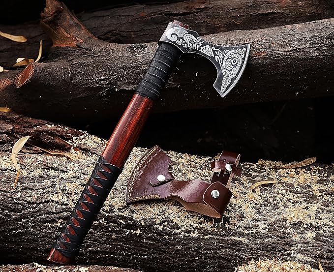 Viking Axe | 18 Carbon Steel Throwing Hatchet with Ash Wood Handle &amp Leather Sheath | Etched Norse Design Functional &amp Collectible Gift(WCA-017)