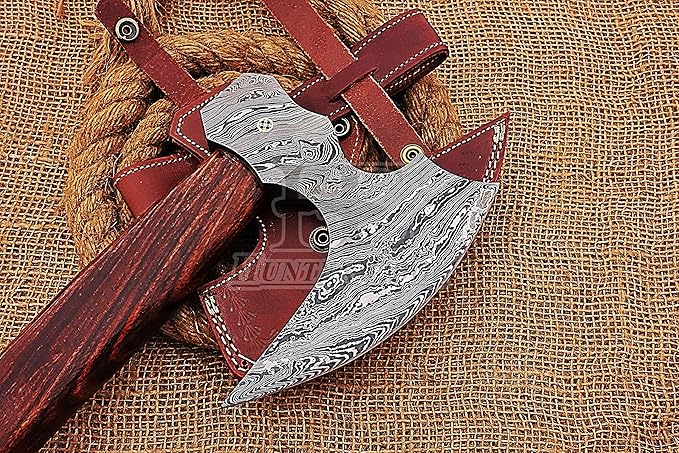 HUNTEX Custom Handmade Hand-Forged Twist Pattern Damascus Steel 21 Inch Long Walnut Wood Handle Razor Sharp Hunting Camping Wood Splitter Viking Broad Axe with Genuine Leather Sheath