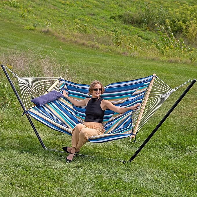 Sunnydaze Rope Hammock with Stand for Outside- 275-Pound Capacity - Includes 12-Foot Hammock Stand Spreader Bar Pad and Pillow - Lakeview