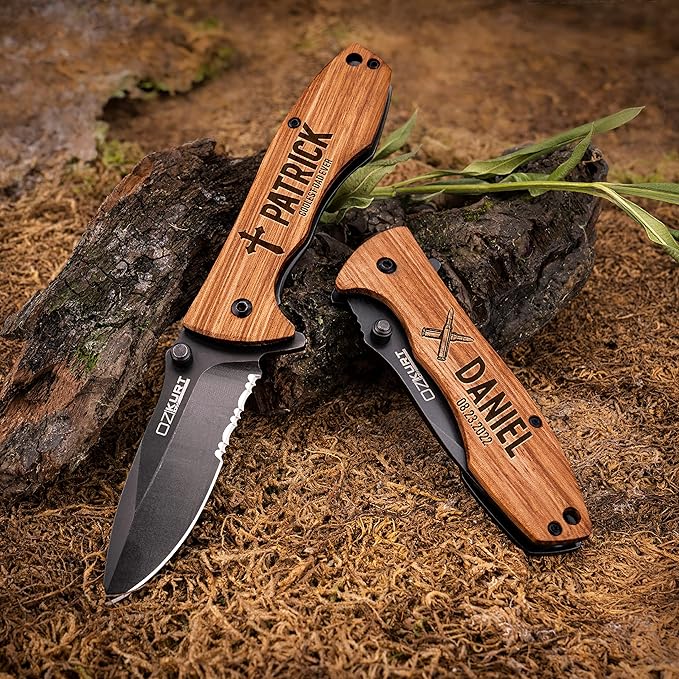 Customization Mill Gifts for Men Personalized Engraved Oak Wood Pocket Knife - 36 Icons 20 Stylish Font - Custom Pocket Knives