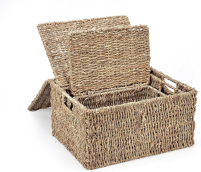 Trademark Innovations Set of 3 Rectangular Seagrass Baskets with Lids Natural (Small)
