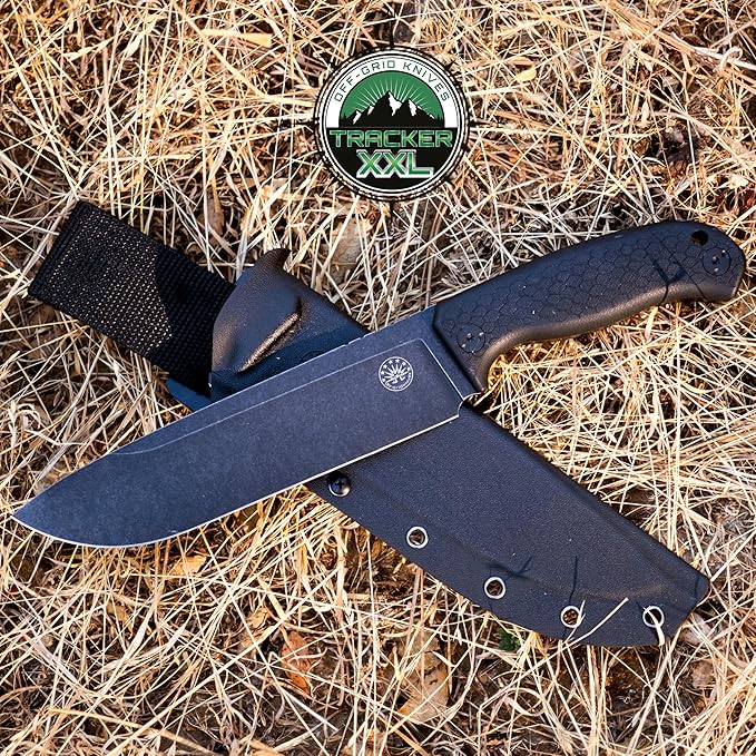 Off-Grid Knives - TRACKER-XXL Fixed Blade Knife Cryo D2 Blade Steel G10 Scales Kydex Sheath OG Lo-Pro Belt Attachment Chopping Camping Bushcraft Hunting Survival (Blackout)