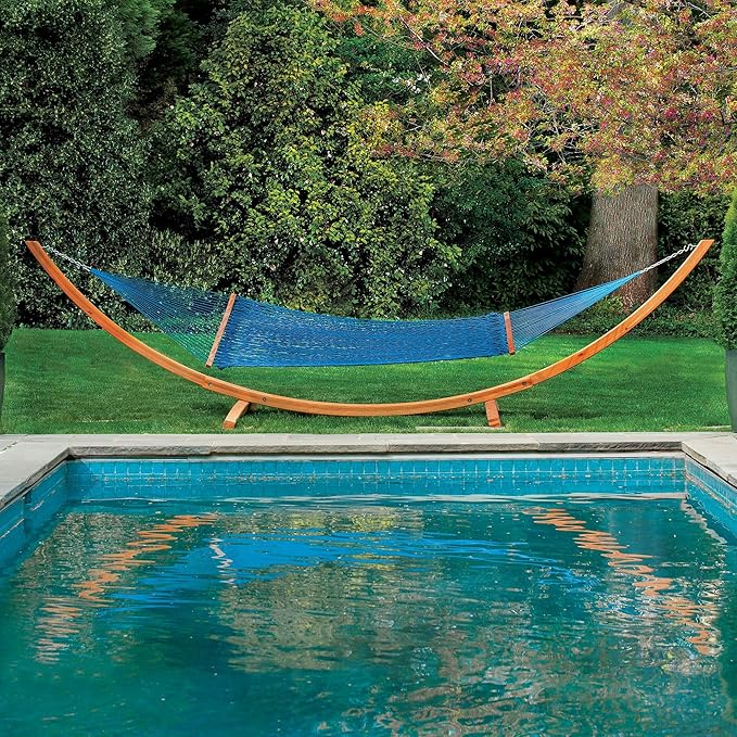 Hatteras Hammocks Large Coastal Blue DuraCord Rope Hammock – 13 ft. x 55 in. 2-Person 450 lb Capacity Cumaru Spreader Bar Zinc-Plated Hardware – Handcrafted in The USA