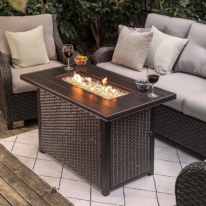Nuu Garden 43 Propane Fire Pit Table 50000 BTU CSA Certified Outdoor Gas Fire Pit with Aluminum Tabletop Removable Lid 7 lbs Glass Rocks &amp Waterproof Oxford Cover Brown