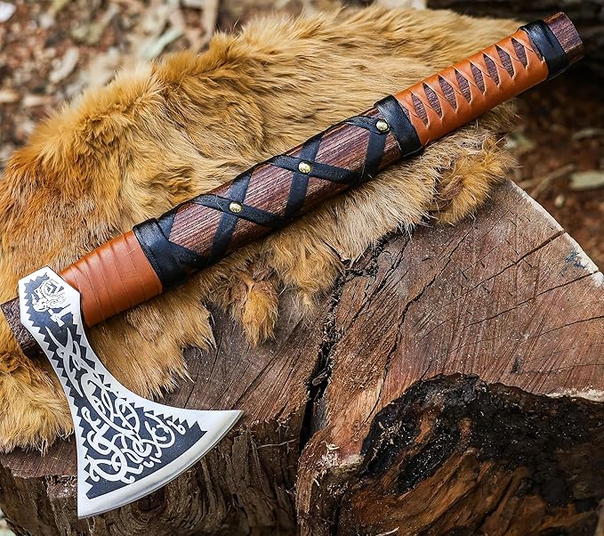 SHINY CRAFTS® Handcrafted Viking Axe – Engraved Nordic Blade with Wooden Handle Unique Gift for Men Collectors Cosplay and Medieval Decor (Brown-VBA-04-A)