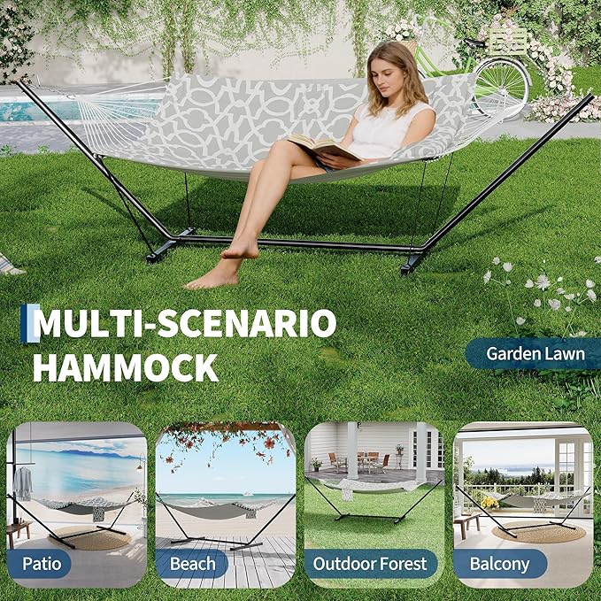 GarveeLife 2 Person Double Hammock with Stand and Pillow - 450 Lbs Capacity Heavy Duty Hammock with Balance Rope Large Outdoor Hammock for Patio Backyard Poolside