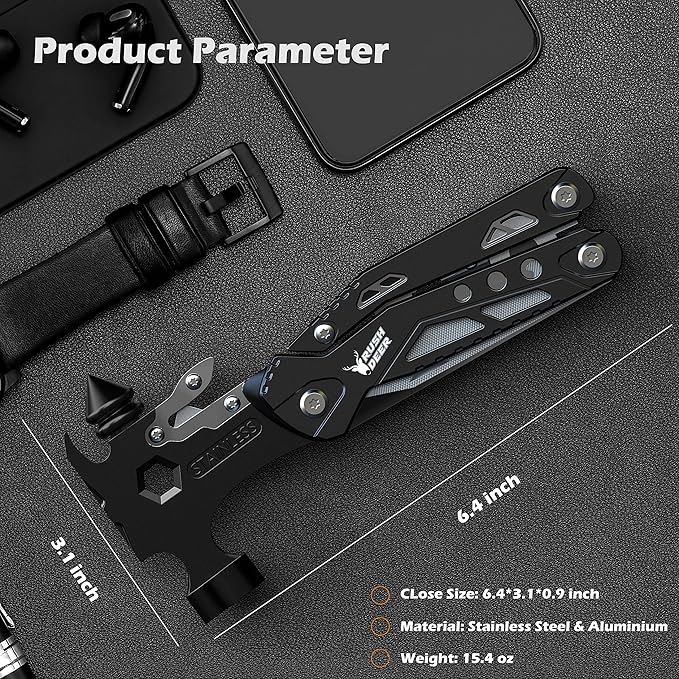 Rush Deer Camping Essentials Multitool16 in 1 Multi Tool Survival Gear with Hammer Pliers Knife Screwdrivers Bottle Opener &amp Car Safety Hammer for Camping Hiking Gift for Dad Him