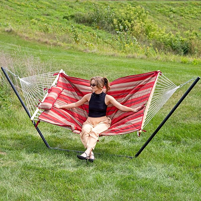 Sunnydaze Rope Hammock with Stand for Outside- 275-Pound Capacity - Includes 12-Foot Hammock Stand Spreader Bar Pad and Pillow - Green Stripe