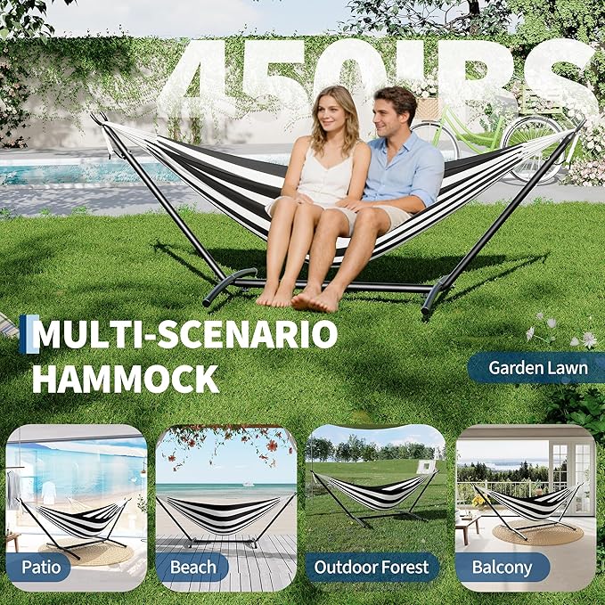 Double Hammocks with Stand for Outside Portable Space Saving Heavy-Duty Steel Stand for Indoor Outdoor Patio with Carrying Bag 450 lbs Capacity