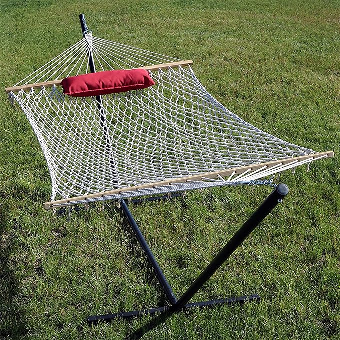 Sunnydaze Rope Hammock with Stand for Outside- 275-Pound Capacity - Includes 12-Foot Hammock Stand Spreader Bar Pad and Pillow - Modern Lines