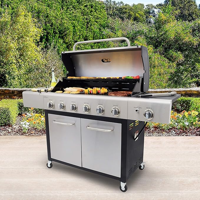 Kenmore 6-Burner Propane Gas BBQ Grill with Side Burner 73000 BTUs Stainless Steel Cabinet Grill with Cast Iron Grates for Outdoor Cooking Backyard BBQ Patio Large Parties