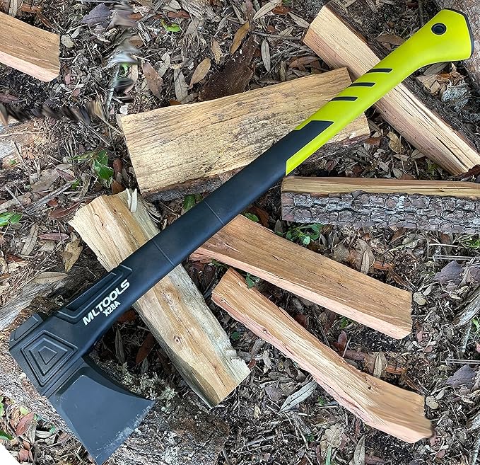 MLTOOLS Splitting Axe X28A - Camping Axe with Fiberglass Ergonomic Handle High Carbon Steel Head - Torque &amp Weatherproof Survival Axes and Hatchets - Non-Slip Grip - Protection Guard &amp Lock -