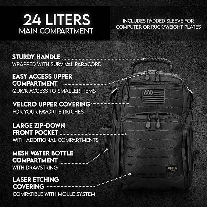 TLO Outdoors TacPack24L Tactical Backpack - Water Resistant 24 Liter Capacity Daypack Rucksack Gear Bag Laptop Bag