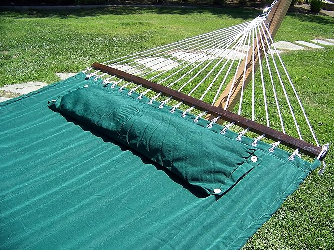14 Ft. Wooden Arc Hammock Stand + Deluxe Quilted Double Padded Hammock Bed w/Pillow. 2 Person Bed. 450 LB Capacity(Natural Stain/Elegant Hunter Green)