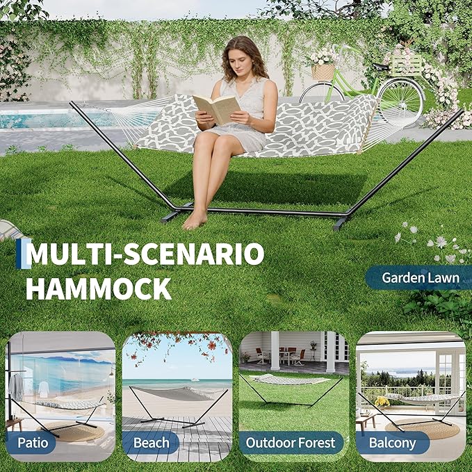 Heavy Duty 2 Person Double Hammock with Portable Adjustable Steel Stand Outdoor Hammock with Pillow for Patio Garden Beach Backyard Camping