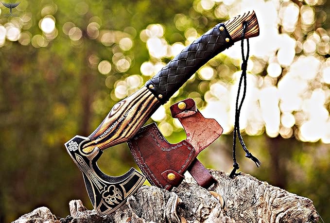 Custom Gift Forged Carbon Steel Viking Axe with Rose Wood Shaft Viking Bearded Camping Axe &amp Hatchet Best Birthday Gift for Him 18 Inches (Valhalla Axe)