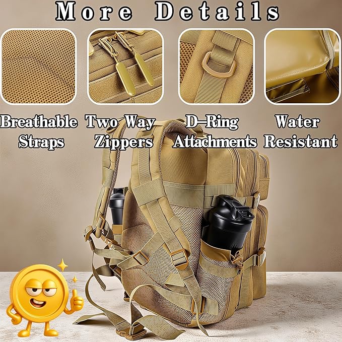 Tactical Military Backpack for Men &amp Women - Small Molle Assault Rucksack with Bottle Holder for EDC Hiking &amp Camping (Khaki-A)