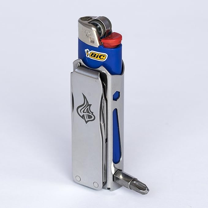 LighterBro Pro Lighter Sleeve - Multi-Tool - 420 Stainless Steel - Easily Fits Your Favorite Lighters - Includes Mini Pocket Knife Ruler Scissors Screwdriver Poker Key Ring &amp More (Black)