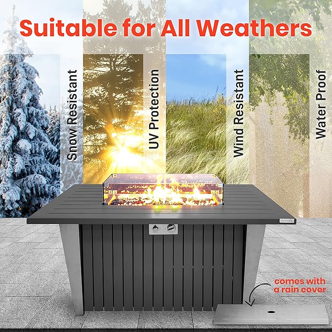 SereneLife 52 Inch Gas Fire Pit Table 50000 BTU Propane Pits for Outside with Steel Lid and Lava Rock 2 in 1 Firepit Table Gatherings Parties on Patio Deck Garden Backyard