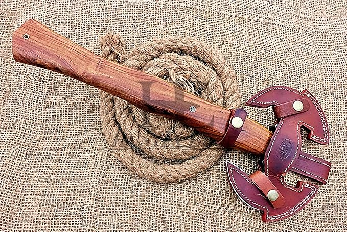 HUNTEX Unique Custom Hand-Forged Twist Pattern Damascus Steel 17 Inch Long Walnut Wood Handle Full Tang Razor Sharp Hunting Camping Outdoor Twin Blade Viking Axe with Genuine Leather Sheath