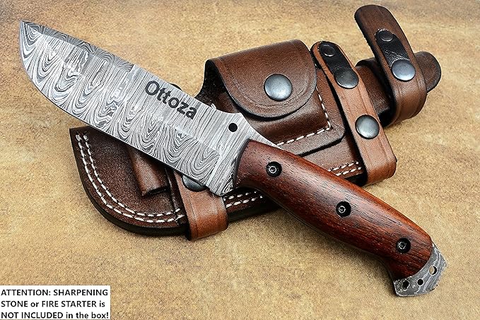 Ottoza Fixed Blade Hunting Knife with Leather Sheath and Horizontal Carry - Wood Handle - Full Tang Outdoor Survival and Camping Knife for Men 433
