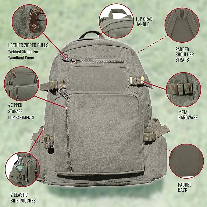 Vintage Washed Solid Military Large Canvas Backpack Khaki