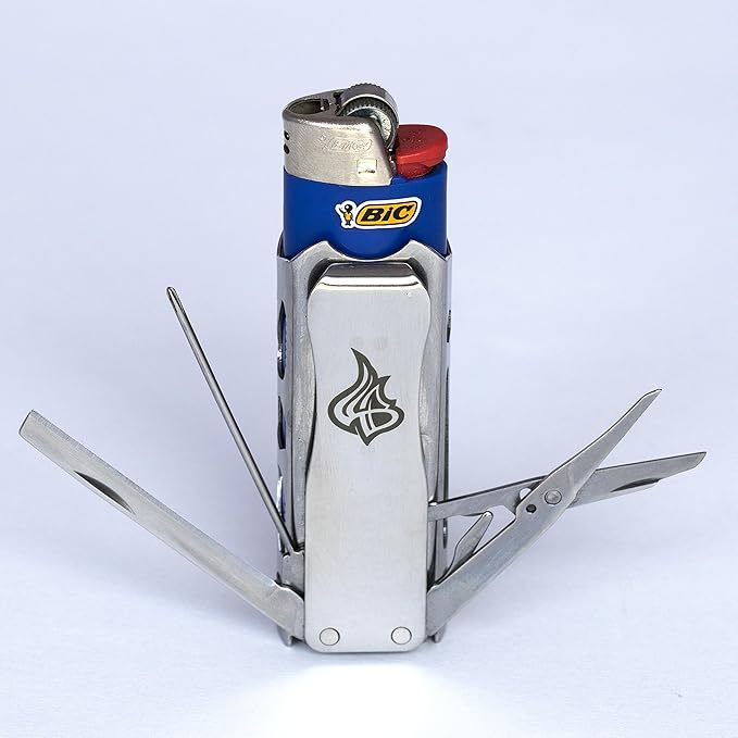 LighterBro Pro Lighter Sleeve - Multi-Tool - 420 Stainless Steel - Easily Fits Your Favorite Lighters - Includes Mini Pocket Knife Ruler Scissors Screwdriver Poker Key Ring &amp More (Black)