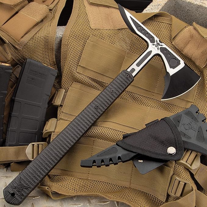 M48 Liberator Infantry Tomahawk with Sheath - Cast Stainless Steel Head Black Oxide Coating Injection Molded Nylon Handle - Length 15 3/4