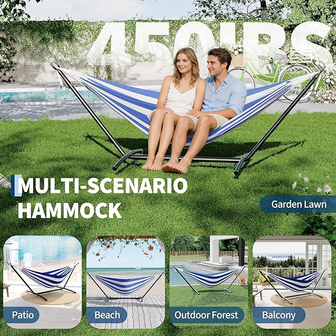 Double Hammocks with Stand for Outside Portable Space Saving Heavy-Duty Steel Stand for Indoor Outdoor Patio with Carrying Bag 450 lbs Capacity