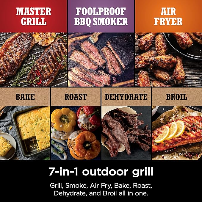Ninja | Woodfire Series | 7-in-1 (Grill BBQ Roast Air Fry Dehydrate Broil Smoke) | Portable &amp Weather Resistant | Cook Up To 6 Steaks &amp 30 Hot Dogs | Woodfire Pellets included | OG701