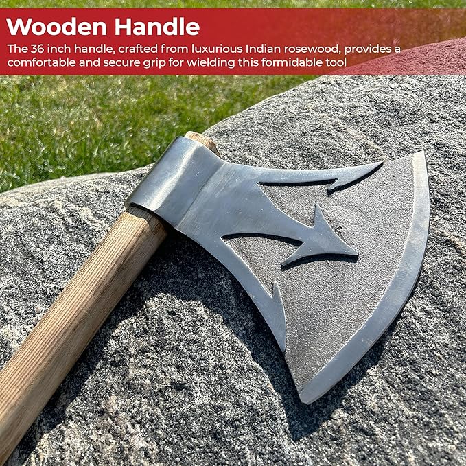 MedievalDepot Briny Deep Trident Forged Two-Handed Combat Axe - Overall 42 - Carbon Steel Blade - Rosewood Handle