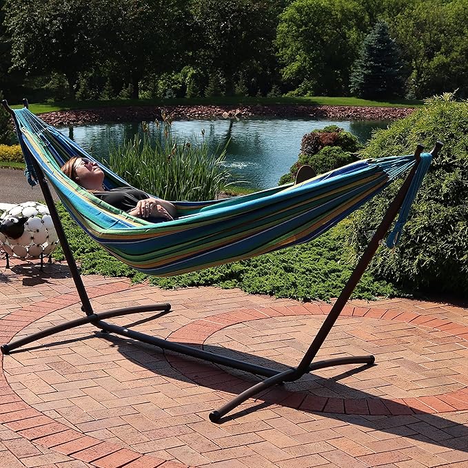 Sunnydaze Double Brazilian Hammock with Stand and Carrying Case - 400-Pound Capacity - Black Stand - Sea Grass