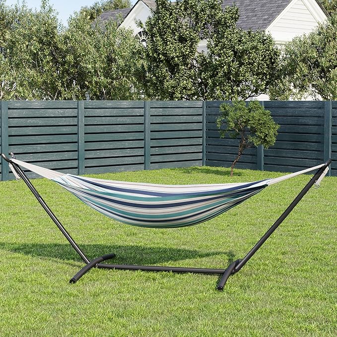 GarveeLife Double 2 Person Hammock Indoor Outdoor Standing Hammock with Space Saving Steel Stand Carry Bag 450 LBS Weight Capacity Suitable for Garden Camping Beach Ocean