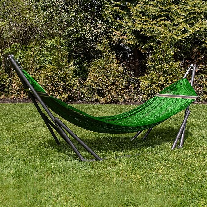 Best Home Fashion Hammock for 2 Persons with Collapsible Steel Stand 600 lbs Capacity- Portable Carrying Case Adjustable Perfect for Camping Beach Patio EZ Daze Foldable Hammock with Stand- Green