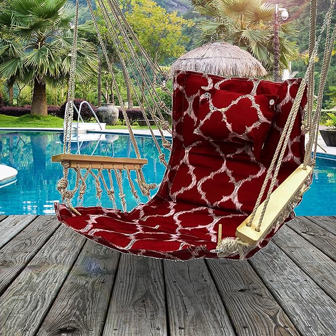 Hammock Chair Hanging Rope Swing *12 Patterns Quality Comfortable and Breathable Fabric - Indoor/Outdoor - Red Geometric Pattern