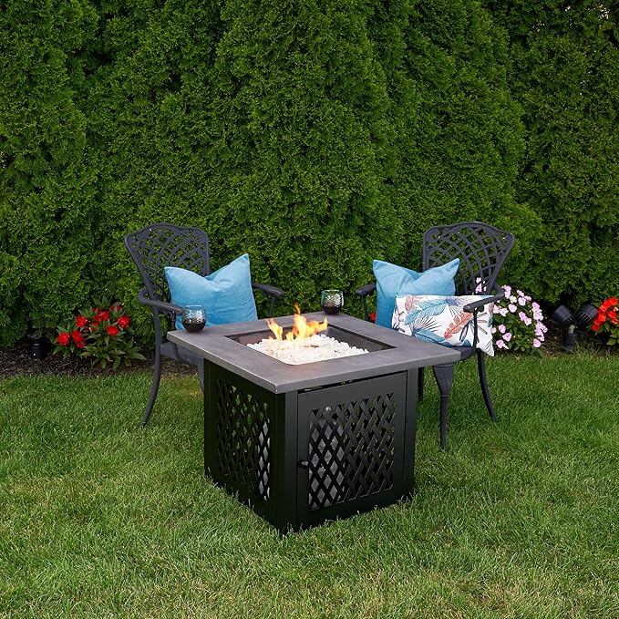Endless Summer Charles 30 Inch Square Outdoor UV Printed 50000 BTU LP Gas Fire Pit Table with Faux Concrete Mantel Tabletop and Stamped Steel Base