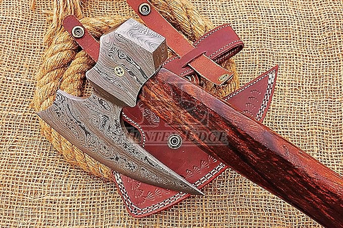 HUNTEX Custom Handmade Hand-Forged Twist Pattern Damascus Steel 21 Inch Long Walnut Wood Handle Razor Sharp Hunting Camping Wood Splitter Viking Broad Axe with Genuine Leather Sheath