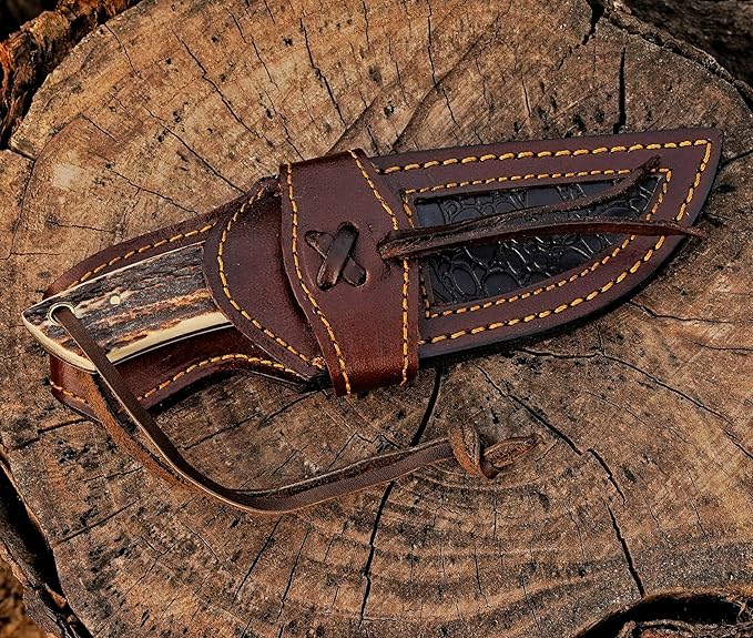 Premium Skinner Cow Boy Knife Fixed Blade Deer Antler Hunting Knife With Leather Sheath Best Gift for Boy Friend.