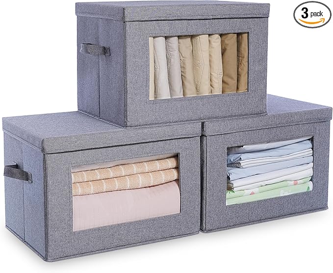 3-Pack Collapsible Storage Bins with Lids Linen Fabric Foldable Storage Boxes Cube Closet Organization for Clothes Blankets Books Gray