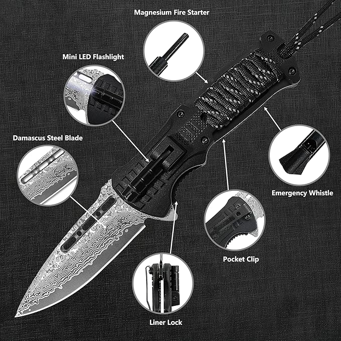 Father's Day Memorial Day &amp Birthday Gift for Him Damascus Pocket Knife Gift for Men Boyfriend Husband Father Veterans – Folding Knife with Fire Starter Whistle LED Light Serrated Blade f