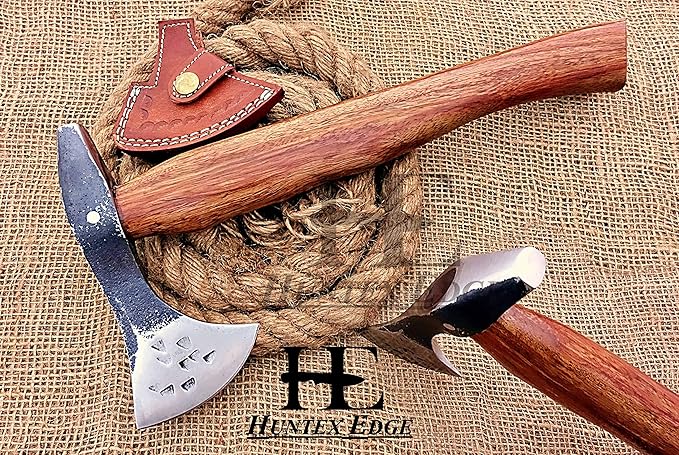HUNTEX Custom Exposed Hand-Forged Marked 1095 High Carbon Steel 14 Inch Long Walnut Wood Handle Full Tang Razor Sharp Hunting Camping Outdoor Four Lugged Chopping Axe with Genuine Leather Sheath