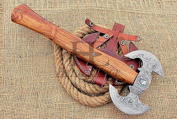 HUNTEX Unique Custom Hand-Forged Twist Pattern Damascus Steel 17 Inch Long Walnut Wood Handle Full Tang Razor Sharp Hunting Camping Outdoor Twin Blade Viking Axe with Genuine Leather Sheath