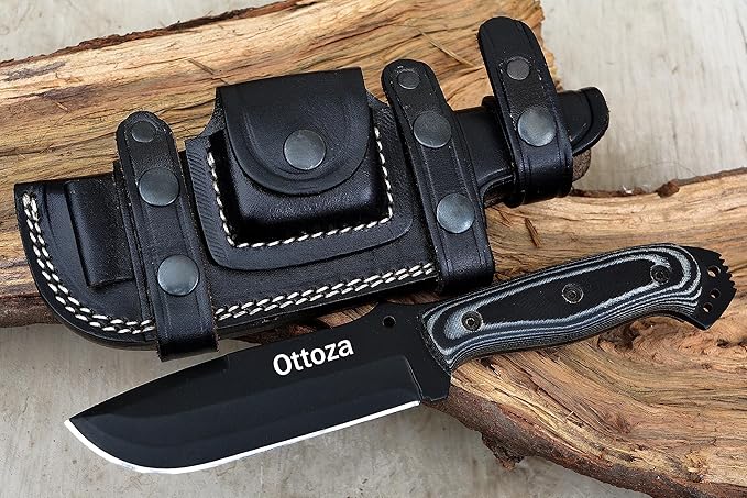 Ottoza Fixed Blade Hunting Knife with Leather Sheath and Horizontal Carry - Full Tang Outdoor Survival and Camping Knife for Men - Micarta Handle 312